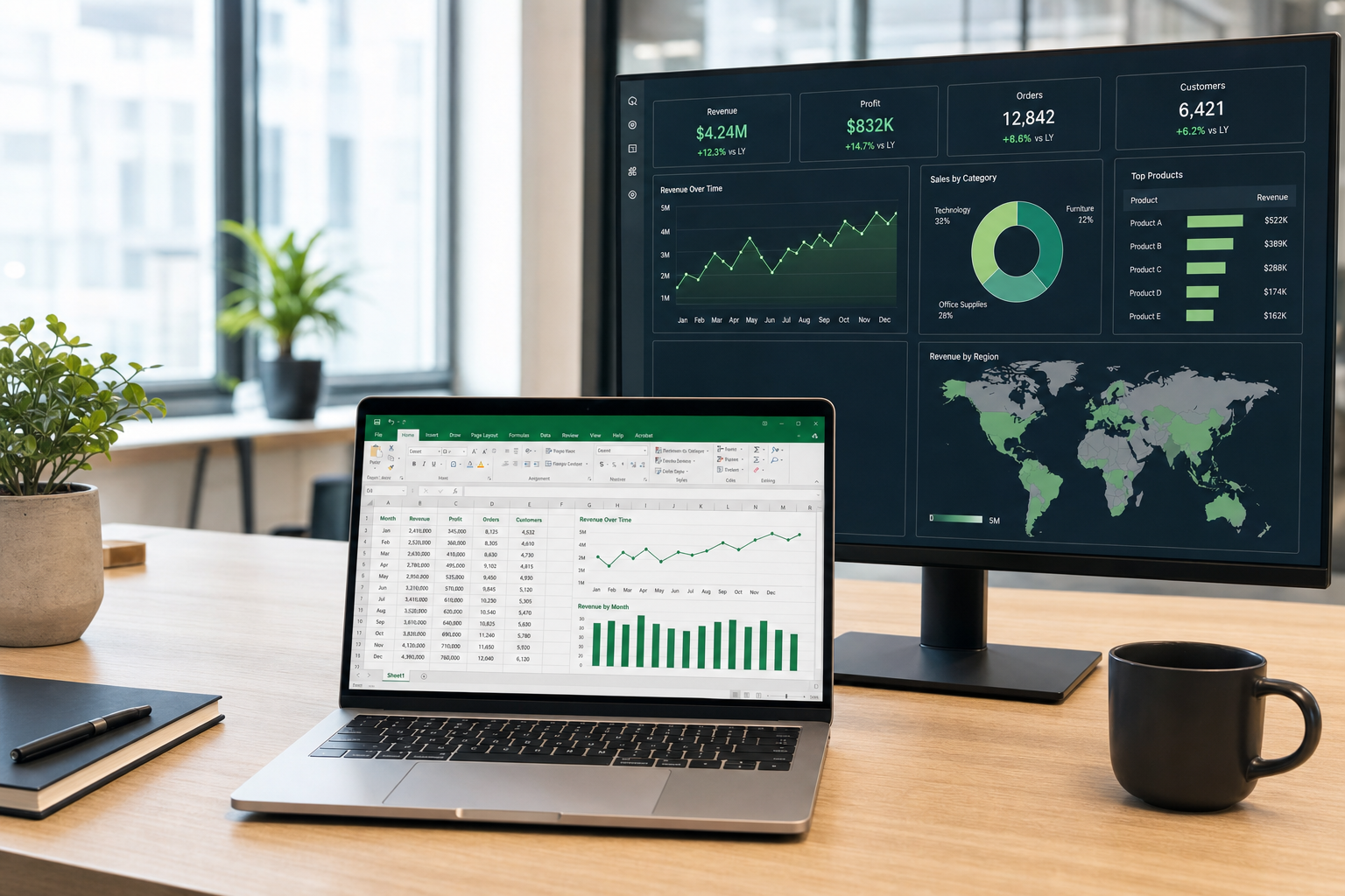 A modern analytics workspace with business intelligence dashboards and an Excel spreadsheet
