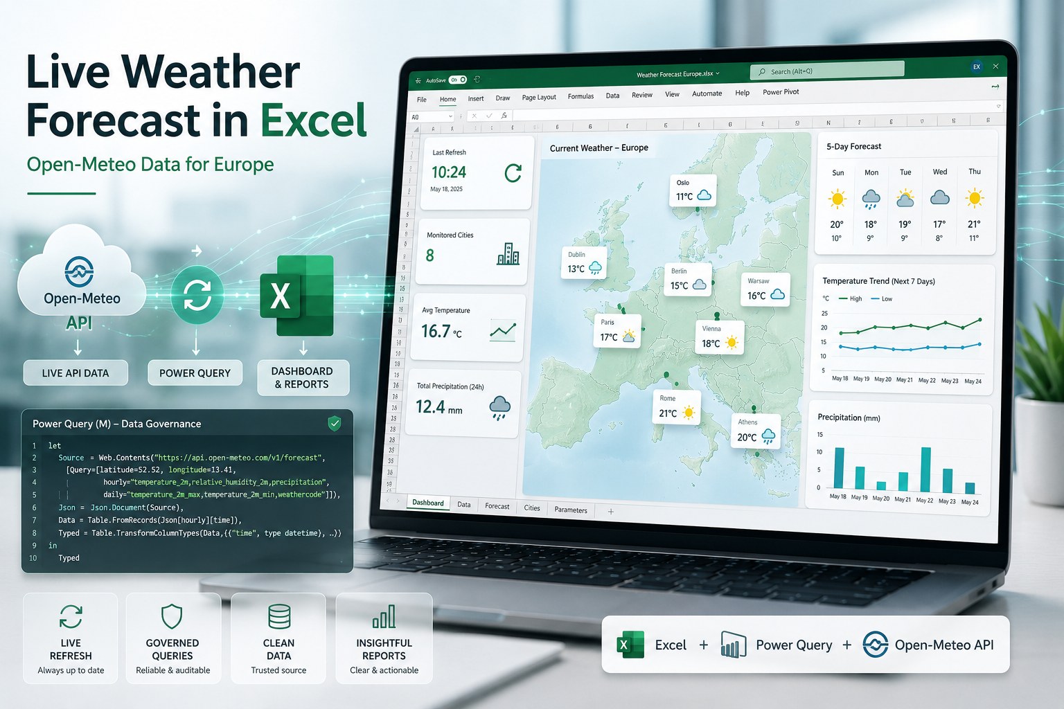 Live European weather forecast dashboard in Excel using Power Query and the Open-Meteo API.