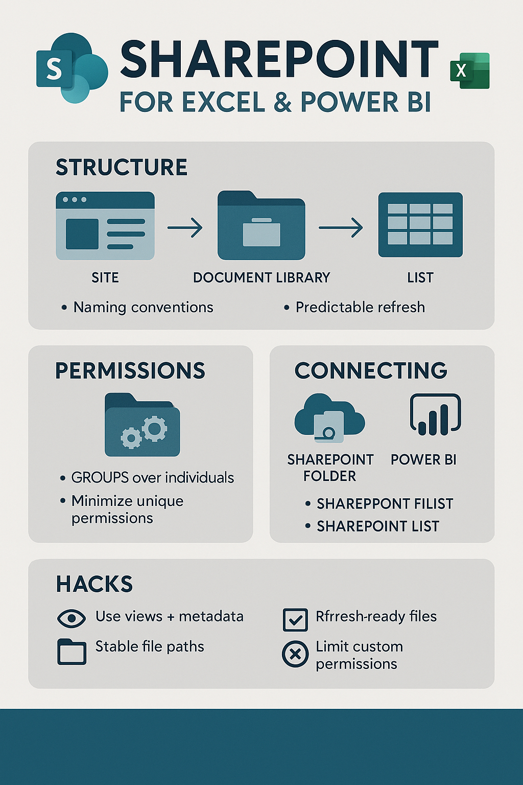 Infographic on SharePoint for Excel & Power BI. Sections: Structure, Permissions, Connecting, Hacks. Icons illustrate steps and tips.