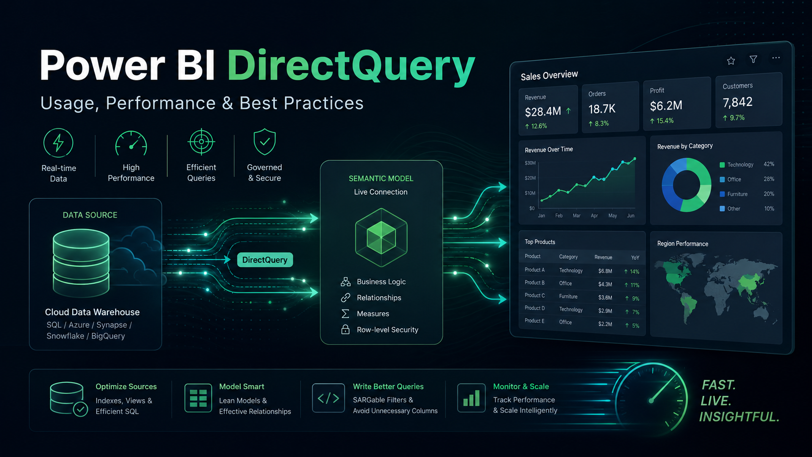 Power BI DirectQuery performance dashboard concept with data source, model, and report layers