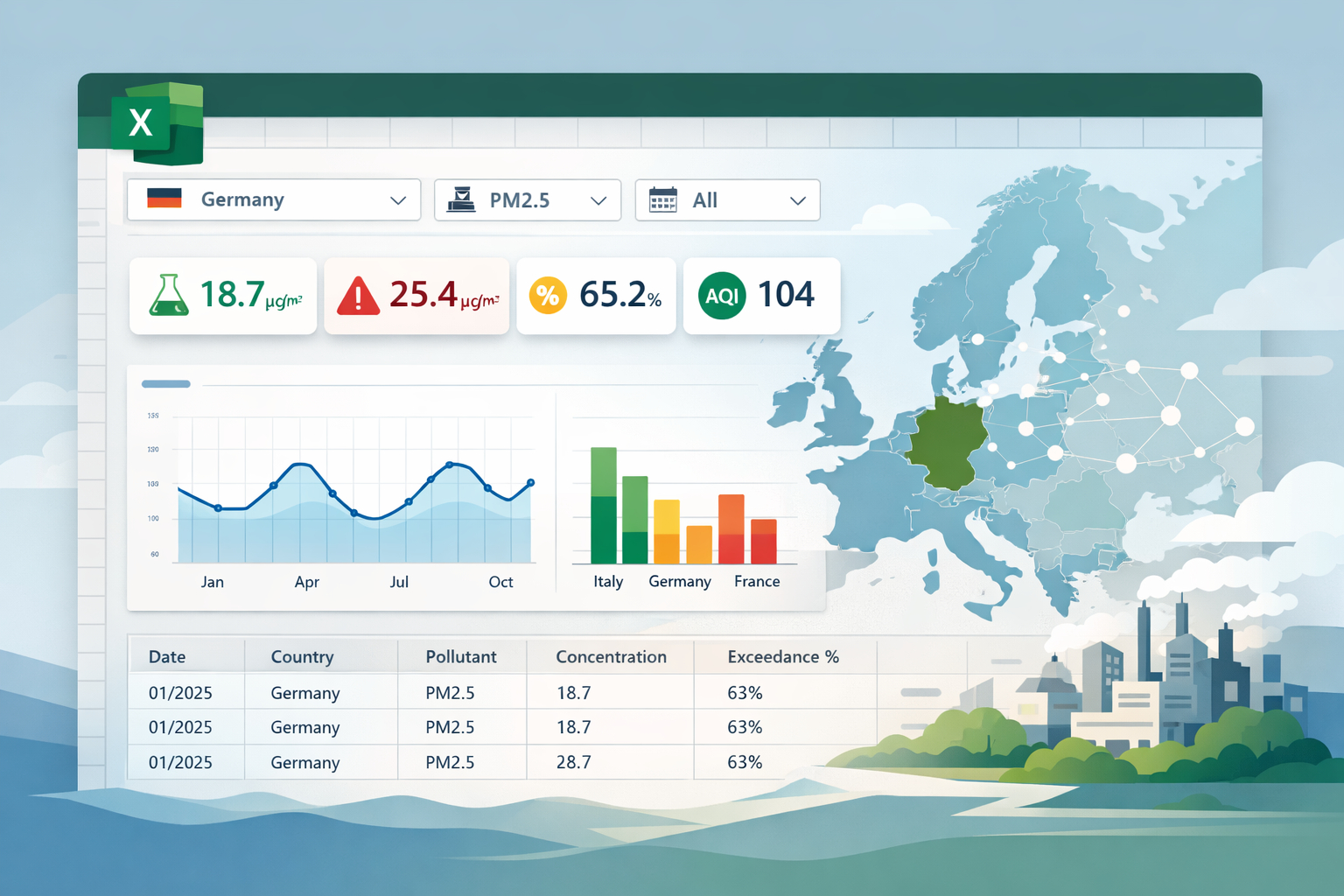Excel environmental pollutants dashboard with filters, KPI cards, and two charts Data sheet preview showing flat source table