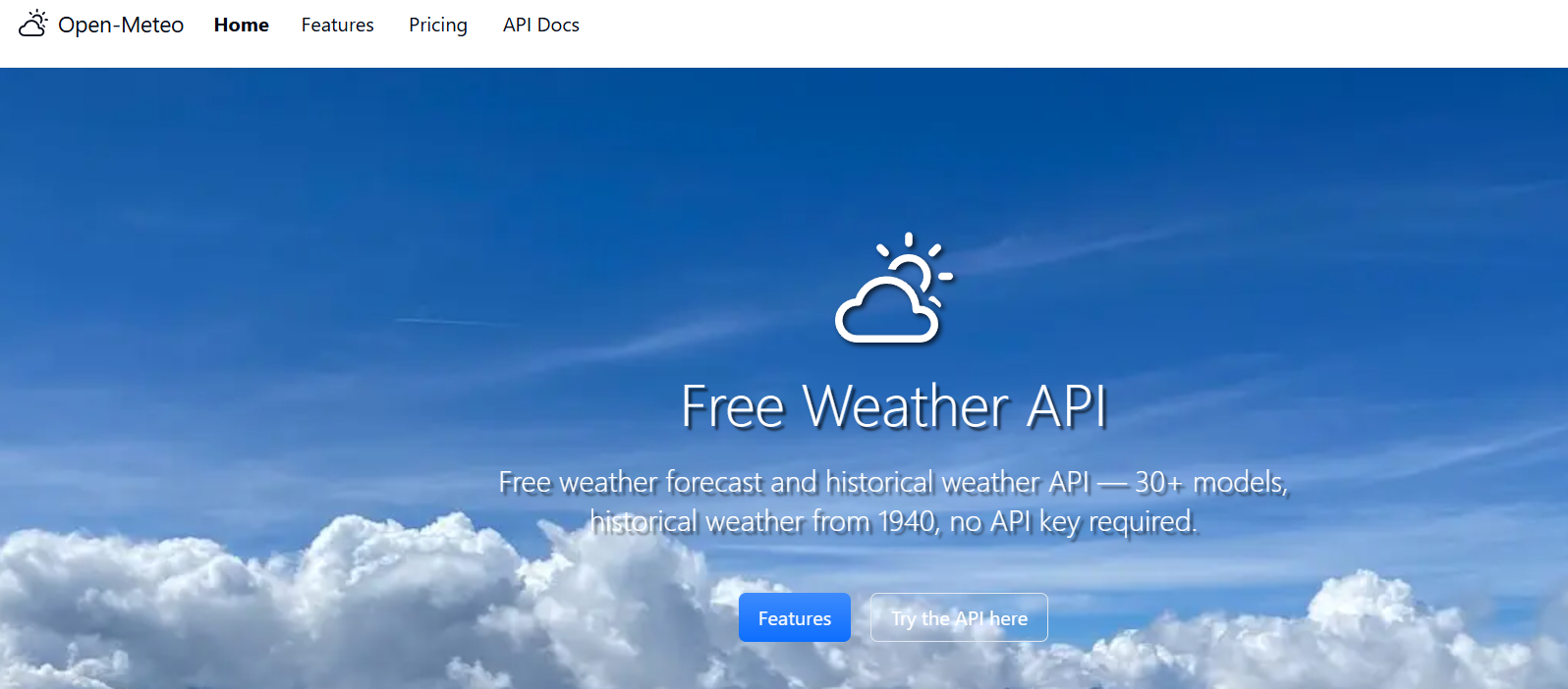 Open-Meteo homepage with blue sky and clouds, weather icon, Free Weather API text, and Features and Try the API buttons.
