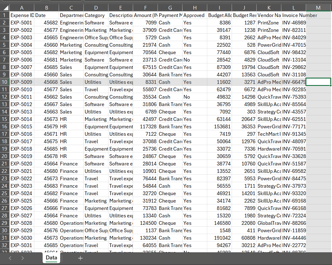Spreadsheet of expense records with columns like Expense ID, Date, Department, Amount, Approved, Vendor Name and Invoice Number.