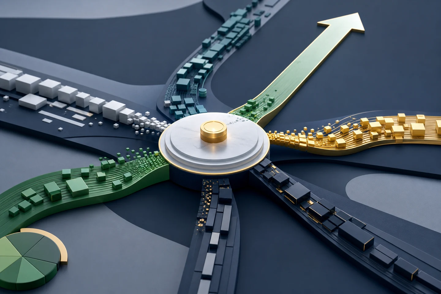 Business signals converging into a central executive decision hub and one clear growth direction