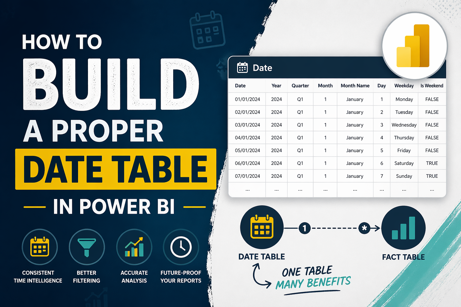 How to create a date table in Power BI with instructive graphics, a sample date table, and benefits like consistency and accuracy.